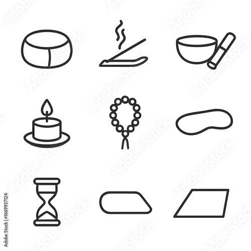 Meditation Icon Set. Outline icon set of meditation accessories: meditation cushion, incense stick, singing bowl, mallet, lit