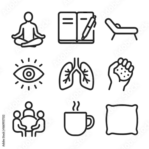 Mental Health Icon Set. Outline icon set of mental health self-care: meditation pose, journal and pen, therapy couch, mindfulness