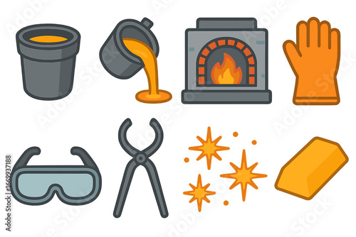 Metal Melting Icons. Flat vector mini-illustrations Metal melting in a furnace in colors children’s illustrations: crucible,