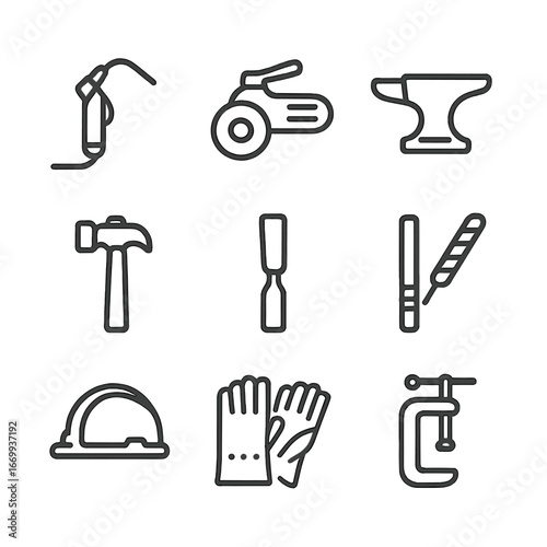 Metalworking Tools Icons. Outline icon set of metal sculpting tools: welding torch, angle grinder, anvil, hammer, chisel, metal