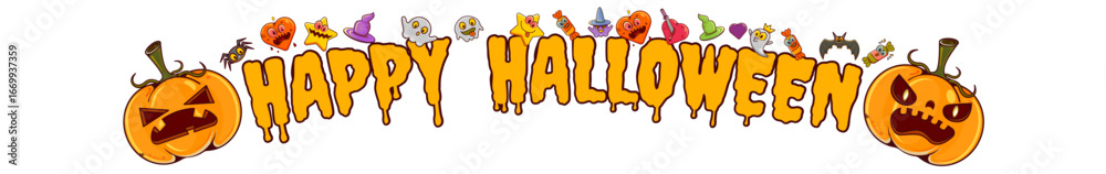 Fototapeta premium Cheerful Halloween banner and header with a funny cartoon pumpkin and festive design elements, featuring isolated Happy Halloween text on a transparent background