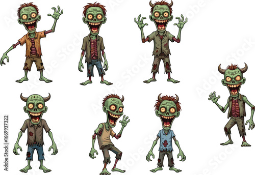 Cartoon zombies with green skin, tattered clothing, expressive faces and poses, undead character vector illustration set for Halloween and horror themes