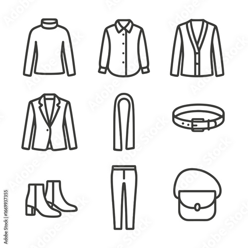 Minimalist Fashion Icons. Outline icon set of minimalist monochrome layering: black turtleneck, white blouse, grey cardigan, black