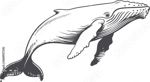 Detailed Vector Illustration of a Whale in Gray Scale on Clear Field