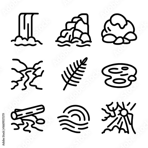 Mountain Stream Icons. Outline icon set of mountain stream cascades: waterfall silhouette, rocky cascade, moss-covered boulder,