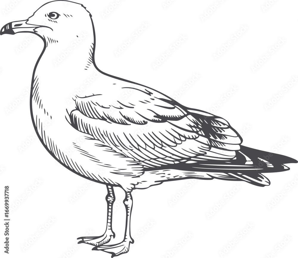 Fototapeta premium Detailed Vector Illustration of a Seagull in Gray Scale on Clear Field