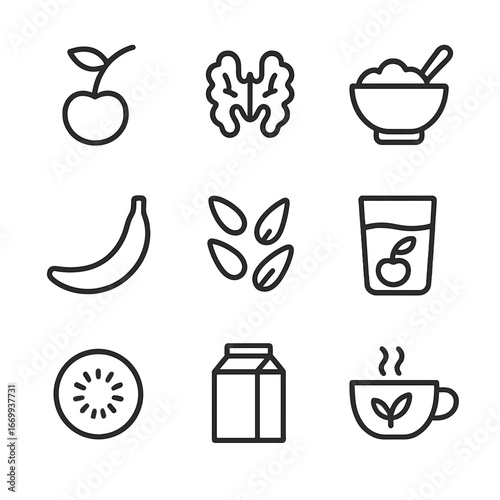 Natural Sleep Boosters Icons. Outline icon set of natural melatonin boosters: tart cherry, walnut halves, oatmeal bowl, banana,