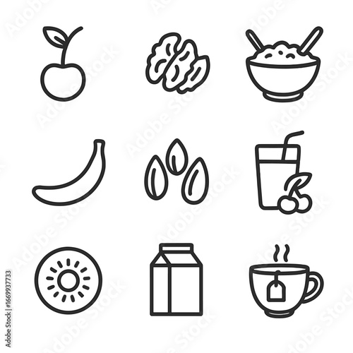 Natural Sleep Boosters Icons. Outline icon set of natural melatonin boosters: tart cherry, walnut halves, oatmeal bowl, banana,