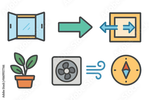 Natural Ventilation Icons. Flat vector mini-illustrations Natural ventilation strategies in colors children's illustrations: open