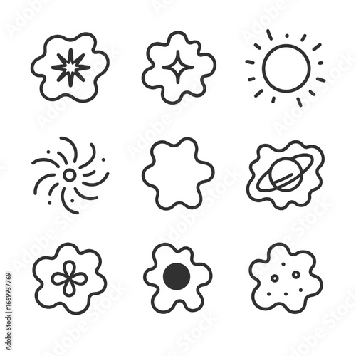 Nebula Icon Set. Outline icon set of nebula varieties: emission nebula, reflection nebula, planetary nebula, supernova remnant,