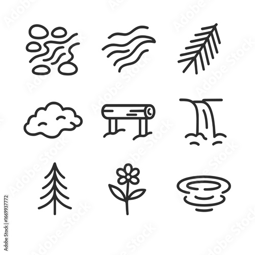 Nature Icon Set. Outline icon set of mountain brook and greenery: pebbled stream bed, flowing water current, pine needle branch,
