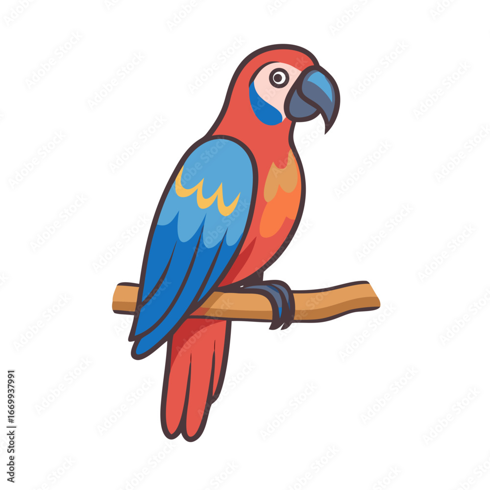 Fototapeta premium Colorful parrot perched on a branch in a cartoon style with bright colors