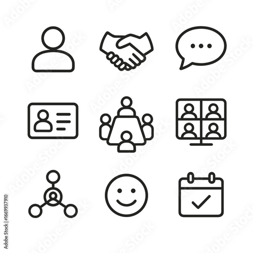 Networking Icon Set. Outline icon set of attendee networking: user avatar, handshake, chat bubble, business card, virtual table,