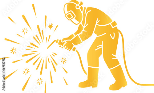 Golden silhouette welder with sparks, flat vector icon