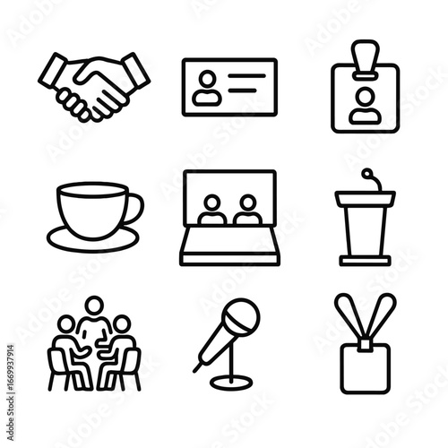 Networking Event Icons. Outline icon set of professional networking events: handshake, business card, name badge, coffee cup,