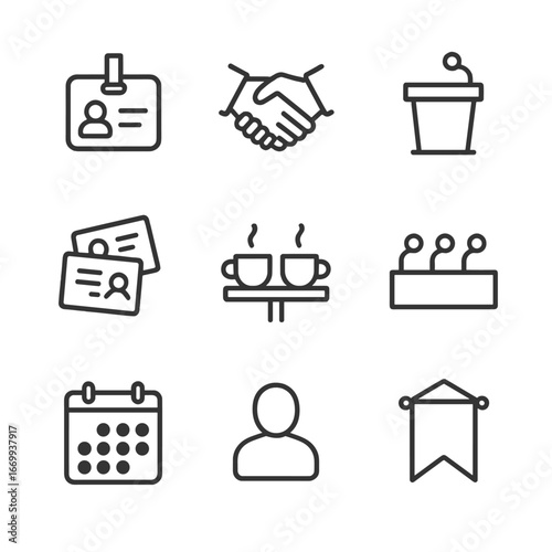 Networking Icons Set. Outline icon set of professional networking events: nametag badge, networking handshake, keynote podium,