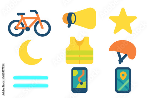 Night Bike Adventure. Flat vector mini-illustrations Night ride with bike lights in colors children's illustrations: bicycle with