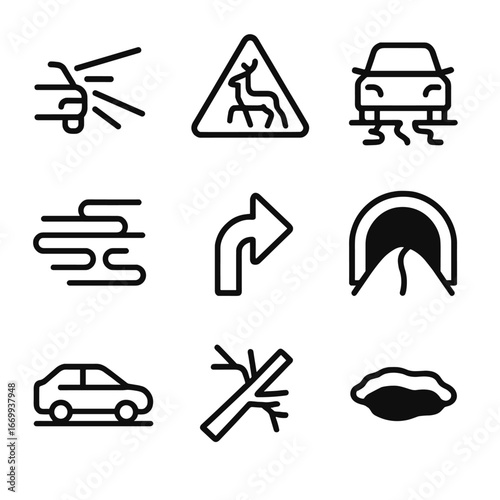 Nighttime Driving Hazards. Outline icon set of nighttime driving hazards: glare from oncoming car, wildlife crossing, wet road