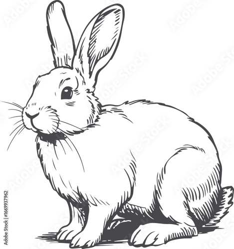 Detailed Vector Illustration of a Hare in Gray Scale on a Clear Background