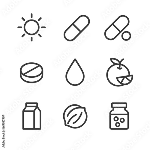 Nutrient Icons Grid. Outline icon set of Key vitamins and minerals: vitamin D sun, B-complex pill, magnesium capsule, zinc tablet,