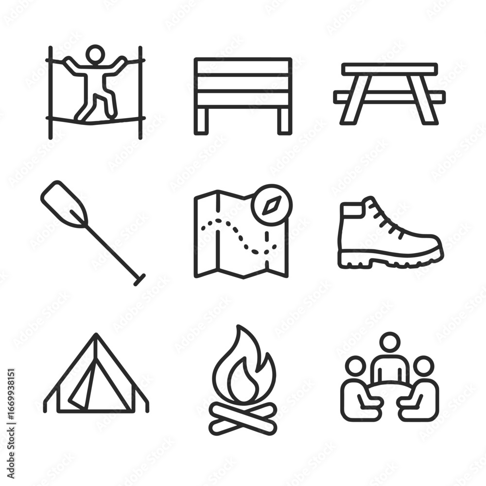 Fototapeta premium Outdoor Activity Icons. Outline icon set of outdoor team-building exercises: rope course hurdle, obstacle barrier, picnic table,