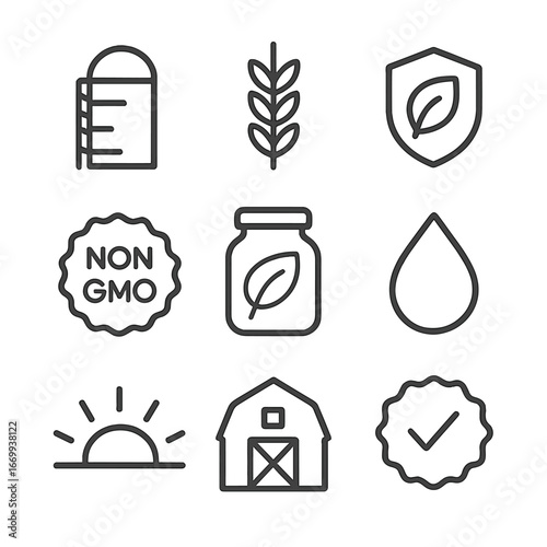 Organic Food Icons. Outline icon set of organic food product labels: farm silo, wheat stalk, leaf emblem, non-GMO badge, natural