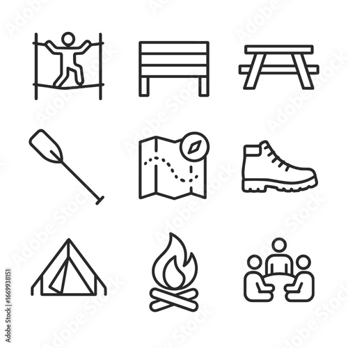 Outdoor Activity Icons. Outline icon set of outdoor team-building exercises: rope course hurdle, obstacle barrier, picnic table,