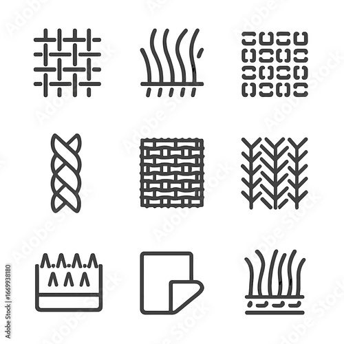 Outdoor Rug Icons. Outline icon set of outdoor rug materials: jute weave, coir fiber, recycled plastic weave, polypropylene braid,