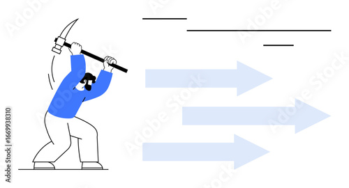 Individual swinging pickaxe toward flowing blue arrows, representing overcoming challenges and moving forward. Ideal for innovation, growth, productivity, perseverance, problem-solving, resilience