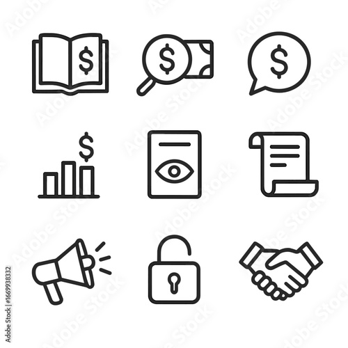 Pay Transparency Icons. Outline icon set of pay transparency initiatives: open book salary, magnifying glass over money, speech