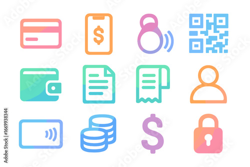 Payment Icons Grid. Gradient icons set of payment and user accounts: credit card, mobile pay, RFID key fob, QR code, wallet icon,