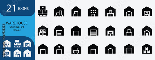 Warehouse icon set for storage, logistics, inventory, supply chain, shipping, and delivery. Perfect for industrial, distribution, and fulfillment designs