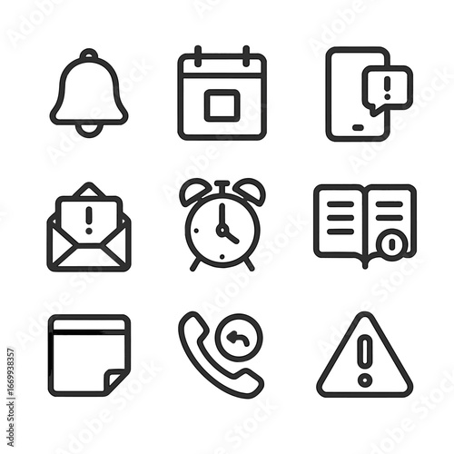 Payment Reminder Icons. Outline icon set of payment reminder and scheduling: reminder bell, due date calendar, smartphone