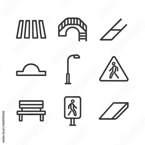 Pedestrian Infrastructure Icons. Outline icon set of pedestrian infrastructure: crosswalk, footbridge, sidewalk, traffic calming