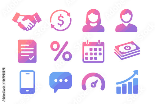 Peer-to-Peer Lending Icons. Gradient icons set of peer-to-peer lending: handshake, money exchange, borrower avatar, lender avatar,