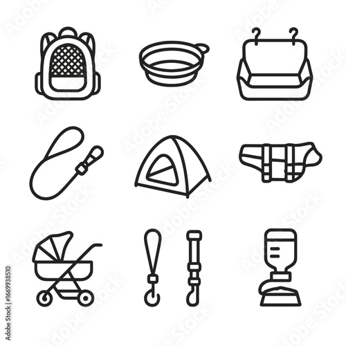 Pet Travel Gear Icons. Outline icon set of pet travel and outdoor gear: pet carrier backpack, collapsible water bowl, car seat
