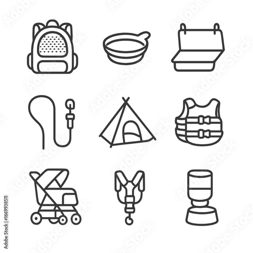 Pet Travel Gear Icons. Outline icon set of pet travel and outdoor gear: pet carrier backpack, collapsible water bowl, car seat