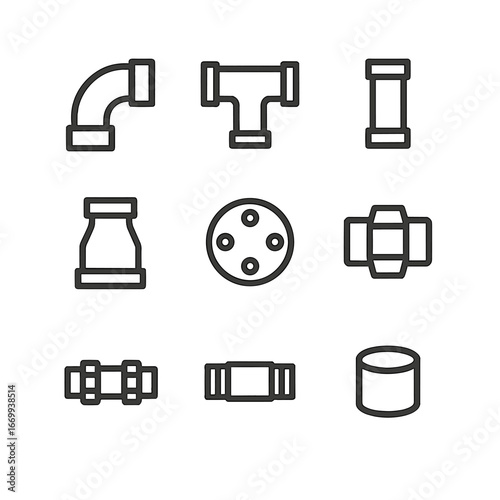 Pipe Connection Icons. Outline icon set of pipe connection types: 90° elbow, T-junction, coupling, reducer, flange, union,