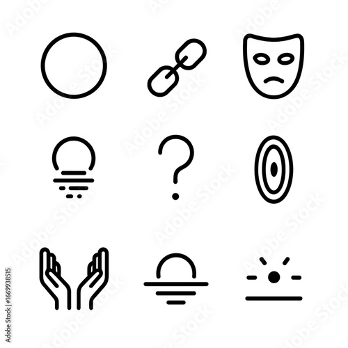 Philosophical Icons Grid. Outline icon set of philosophical nothingness: empty circle, broken chain, blank mask, fading shadow,