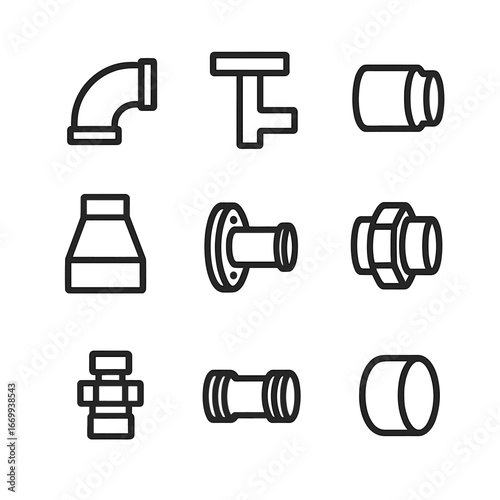 Pipe Connection Icons. Outline icon set of pipe connection types: 90° elbow, T-junction, coupling, reducer, flange, union,