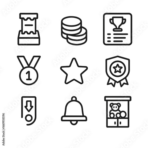 Player Rewards Icons. Outline icon set of player rewards and scoring: ticket dispenser, token stack, high score leaderboard, medal