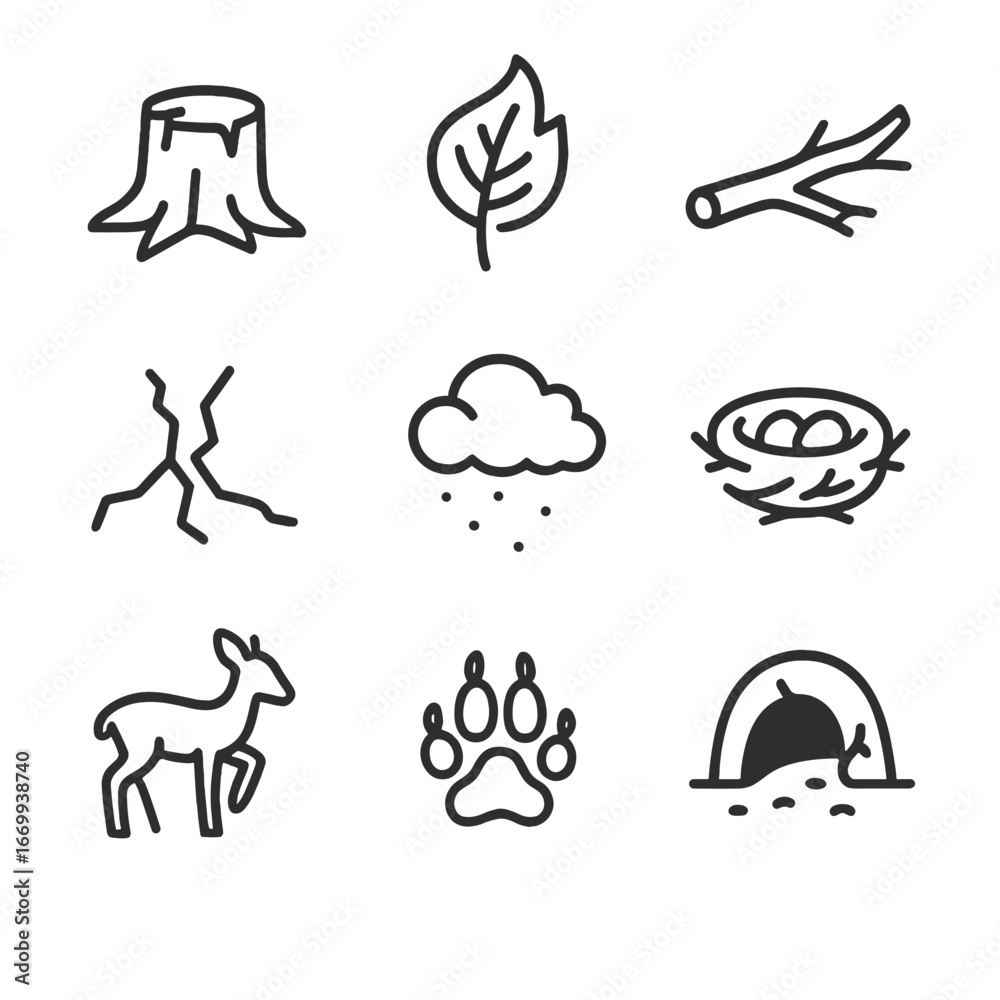 Fototapeta premium Post-Fire Nature Icons. Outline icon set of post-fire vegetation and wildlife impacts: charred tree stump, burnt leaf, fallen