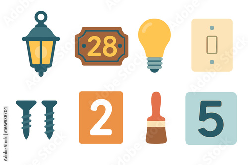 Porch Light Icons. Flat vector mini-illustrations Adding porch lighting and house numbers in colors children's illustrations: