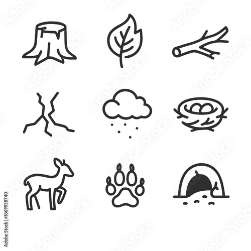Post-Fire Nature Icons. Outline icon set of post-fire vegetation and wildlife impacts: charred tree stump, burnt leaf, fallen