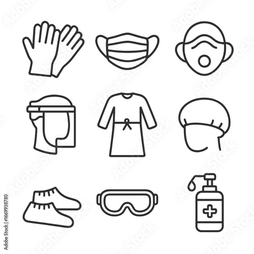 PPE Icon Set. Outline icon set of personal protective equipment: disposable gloves, surgical mask, N95 respirator, face shield,