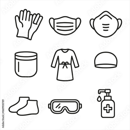 PPE Icon Set. Outline icon set of personal protective equipment: disposable gloves, surgical mask, N95 respirator, face shield,