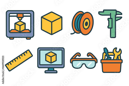 3D Printing Tools. Flat vector mini-illustrations Prototyping with 3D printer in colors children's illustrations: 3D printer,