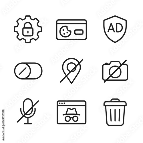 Privacy Settings Icons. Outline icon set of privacy settings and controls: privacy gear, cookie consent banner, ad blocker icon,