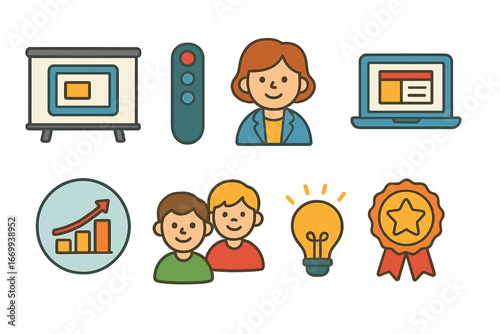 Product Demo Icons. Flat vector mini-illustrations Product demo presentation in colors children’s illustrations: product mockup on