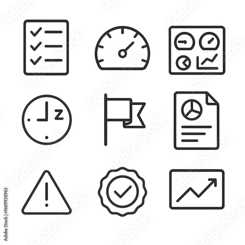 Productivity Metrics Icons. Outline icon set of productivity and performance metrics: task checklist, progress bar gauge, KPI
